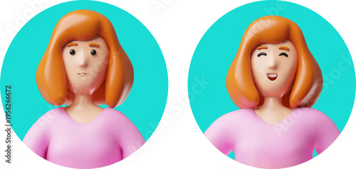 Happy and sad women 3D vector icons set, good and bad emoticons, female face expressions avatar round frame, mental mood