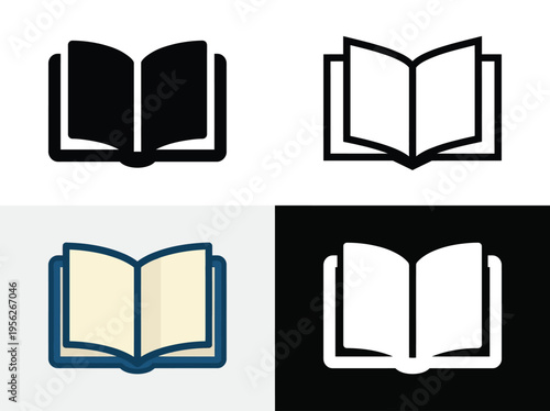 Open Book Icons Set Isolated on White and Black Background