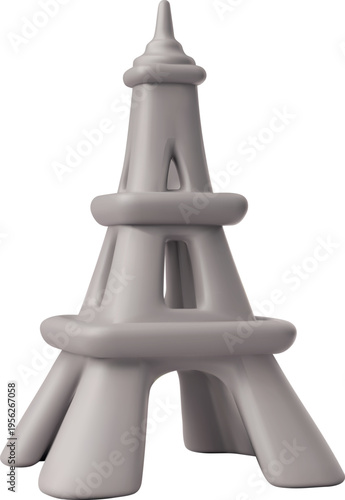 A gray 3D model of the Eiffel Tower on an isolated white background.