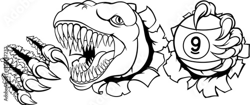 Dinosaur nine ball pool billiards sports mascot holding a 9 ball cartoon illustration