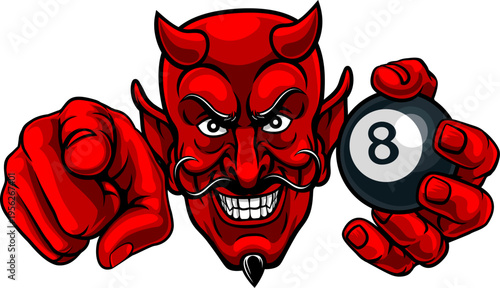A devil man holding billiards pool 8 black ball and pointing sports team mascot illustration.