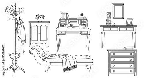 Elegant line art collection of antique furniture for a stylish home interior