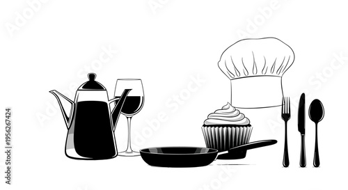 Culinary collection of kitchenware, food, and drink items for cooking and dining