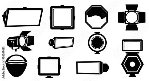 Collection of black and white icons representing various lighting equipment for photography and film production