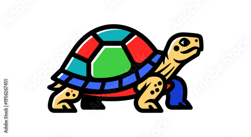 Colorful cartoon tortoise with a segmented shell and blue leg coverings