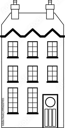 Victorian outline old English house building. Georgian mansion manor style homes. Vintage British architecture facade illustration.