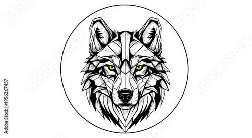 Geometric wolf head with piercing yellow eyes in a circular frame, black and white illustration