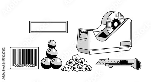 Collection of office supplies and miscellaneous items in a simple graphic style