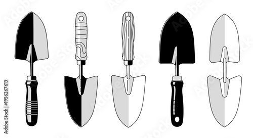 Collection of five different garden trowels with black and gray shading