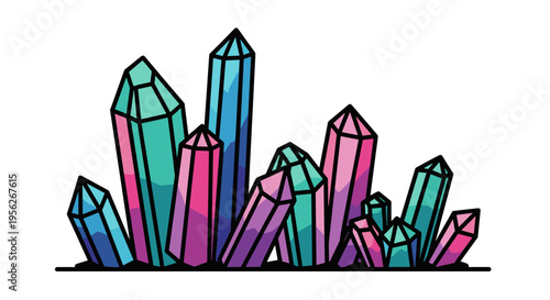 Vibrant cluster of colorful geometric crystals in shades of blue, pink, and teal