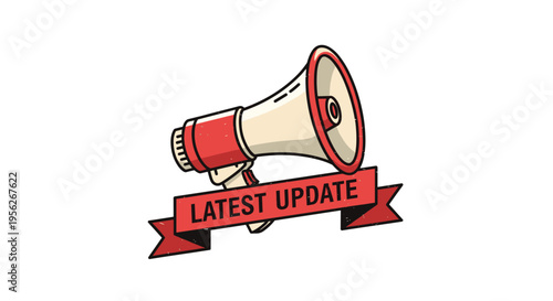 Vintage megaphone with a red banner announcing the latest update, graphic illustration