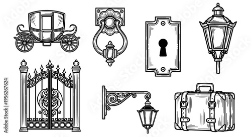 Vintage carriage, ornate gate, door knocker, keyhole, lamps, and suitcase illustration