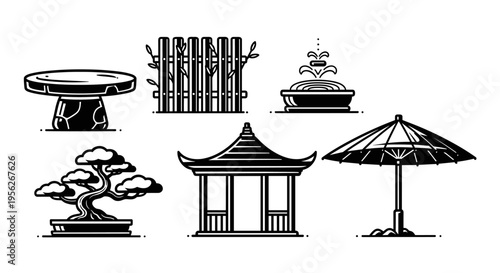 Collection of Japanese garden elements in a minimalist black and white line art style