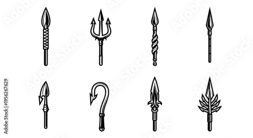 Collection of eight distinct spear and trident weapon icons in a black and white illustration style