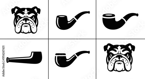 Collection of bulldog faces and smoking pipes in a graphic design layout