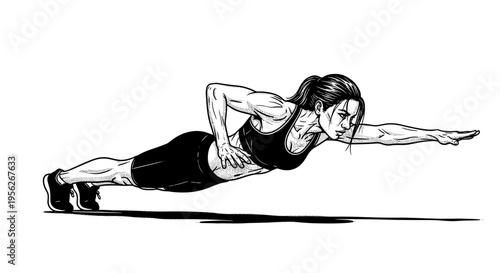 Muscular woman performing a dynamic plank exercise with one arm extended forward