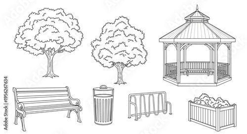 Line art collection of park elements including trees, gazebo, bench, trash can, bike rack, and planter