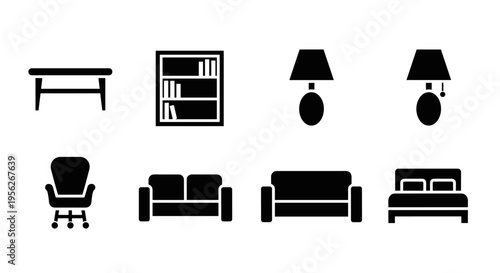Collection of black furniture icons on a white background, representing home decor elements
