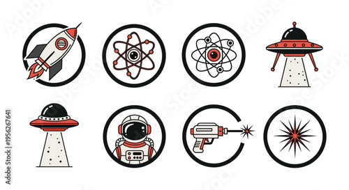 Retro space icons featuring rockets, aliens, astronauts, and atomic symbols