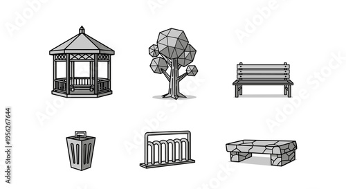 Collection of park elements including a gazebo, tree, benches, and trash can