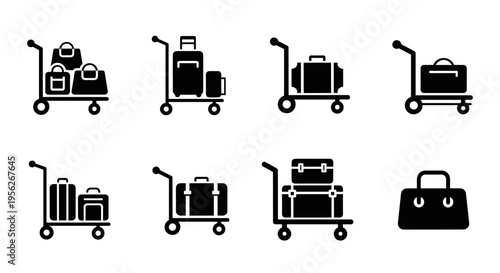 Collection of luggage carts and bags icons representing travel and transport