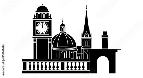 Iconic city skyline silhouette featuring a clock tower, dome, and church spire