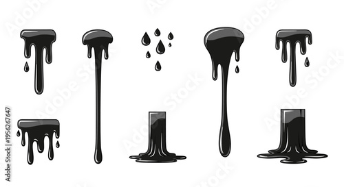 Collection of dripping black liquid elements and drops on a white background