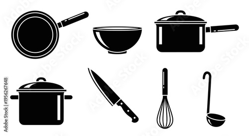 Collection of kitchen utensils and cookware icons in a simple black and white graphic style