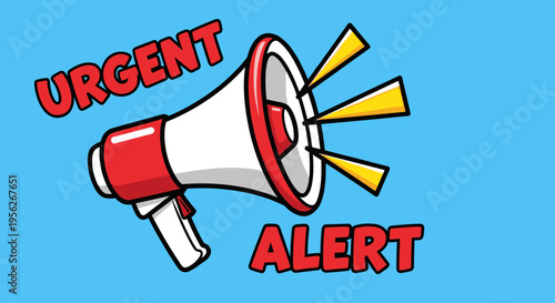 Red and white megaphone with "URGENT ALERT"""" text against a blue background"""