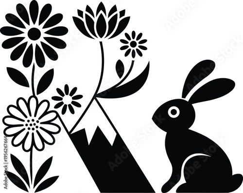 Black rabbit and flowers with mountain on white background Keywords: rabbit, bunny, hare, animal