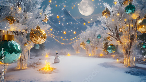Magical winter Christmas landscape with lights ornaments and snowman festive holiday background