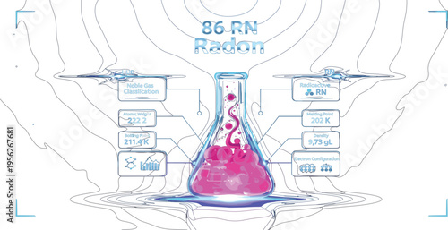Radon Element Infographic with Chemical Properties Atomic Number and Laboratory Flask Illustration for Science Education and Periodic Table Vector Design