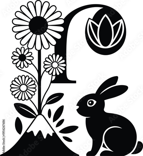 Black letter F with flowers and rabbit on white background Keywords: letter F, alphabet, F