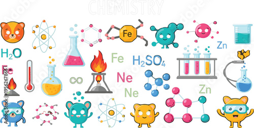 Colorful Chemistry Doodle Set with Cute Science Characters Laboratory Equipment Molecules and Formulas for Education Poster and Vector Illustration