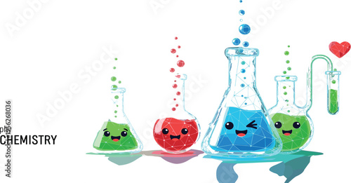 Cute Chemistry Laboratory Cartoon Illustration with Smiling Flasks and Colorful Chemical Reactions for Science Education Kids Poster and Vector Design