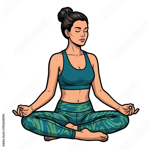 Woman meditating in lotus pose yoga illustration comic style. Sukhasana