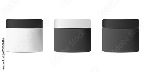 Plastic jars for packaging cosmetic skin care products. A black and white container without a logo. A jar with a lid, highlighted on a white background. 