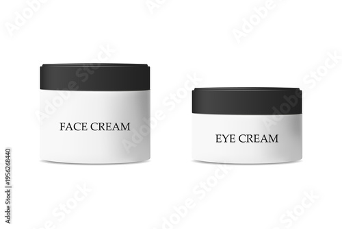 Plastic bottles for packaging cosmetic skin care products. A black and white container without a logo. A jar with a lid, highlighted on a white background. 