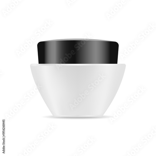 Cosmetic jar. Realistic cream bottle. A black and white container without a logo. Round plastic packaging with a lid for body lotion. The layout of the cosmetic product packaging. 