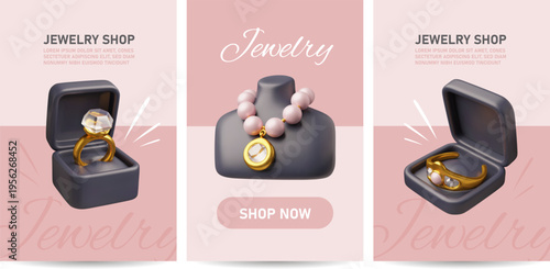 3D posters with jewelry, a ring, a tiara, and a necklace, in black gift boxes, and a mannequin.