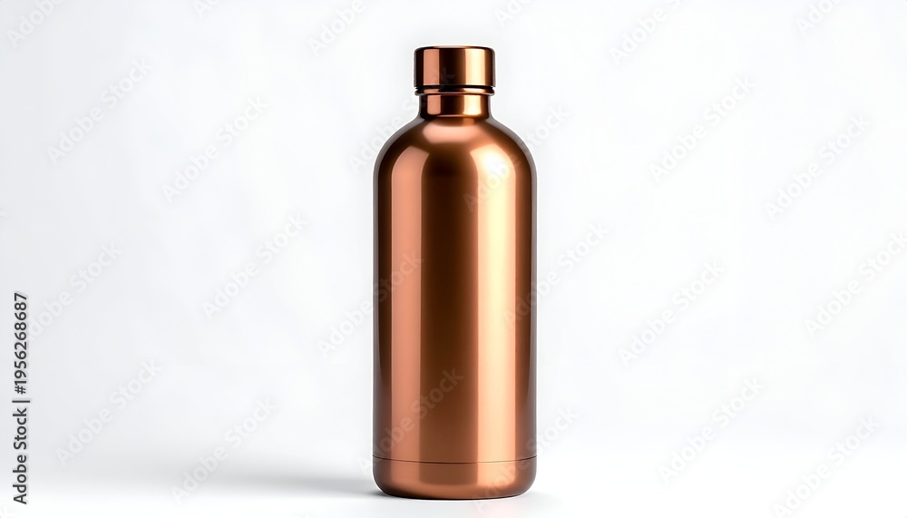 Fototapeta premium A cylindrical, copper-colored insulated container with a screw-on cap. It stands against a clean white backdrop with good lighting