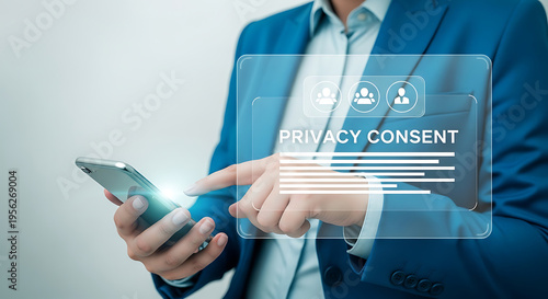 Digital privacy consent and data security concept with a person using a smartphone