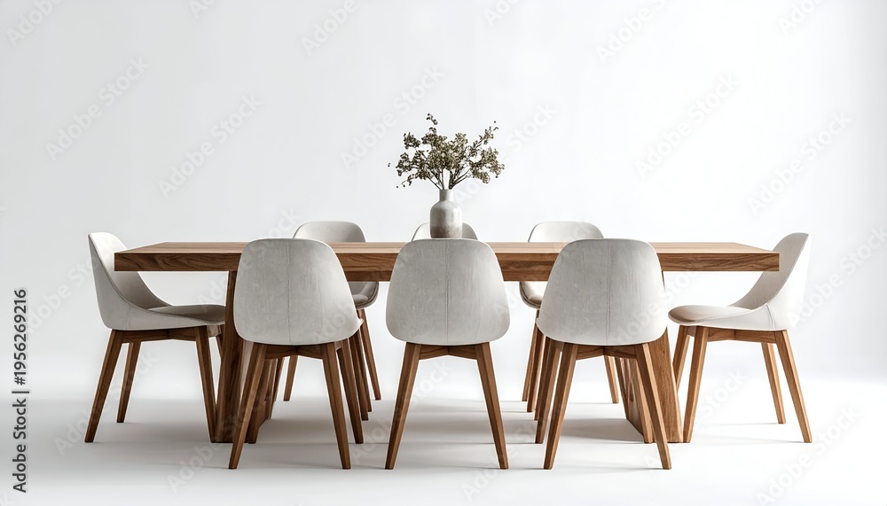 Fototapeta premium A dining room set features a large wooden table with several matching chairs and a vase with branches. Simple white background