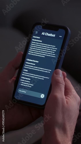Close-up of a person holding a smartphone and interacting with an AI chatbot interface while sitting on a sofa at home, asking artificial intelligence question or business idea advice. Vertical video