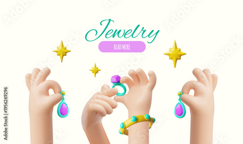 Luxury jewelry collection presentation, ring, earrings and bracelet with gemstone in hands, vector 3D landing page