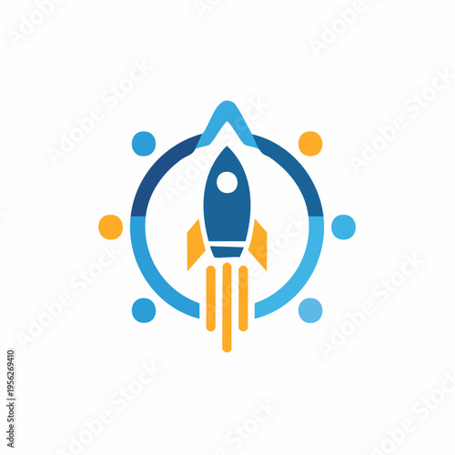 A sleek, modern blue and orange rocket launching upwards within a circular compass-like frame, symbolizing innovation, progress, and exploration