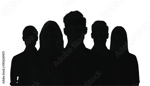 Five business people shadows stand closely together in a strong formation for corporate representation.