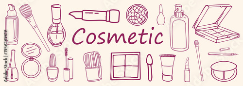 Complete Cosmetics Doodle Bundle – Hand Drawn Makeup Products, Beauty Essentials, Tools and Accessories Minimal Line Art Vector Set . line art .Vector Illustration