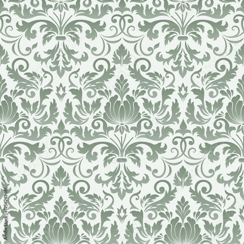 Classic Floral Damask Pattern in Soft Sage Green on Light Background.
