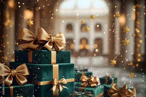 Luxury Christmas gift boxes with golden ribbons elegant festive interior background with bokeh lights